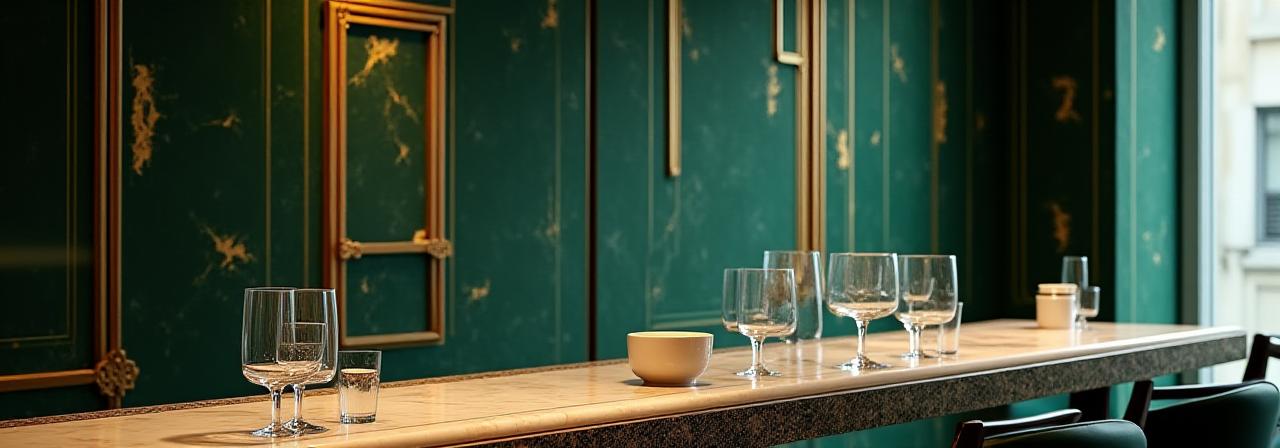 Un dettaglio d'interni elegante del ristorante DecoDine con geometrie dorate